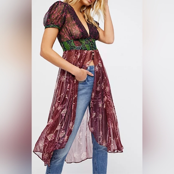 Free People Daisy Fields Sheer Floral Maxi Tunic Dress Size XS - Picture 2 of 10